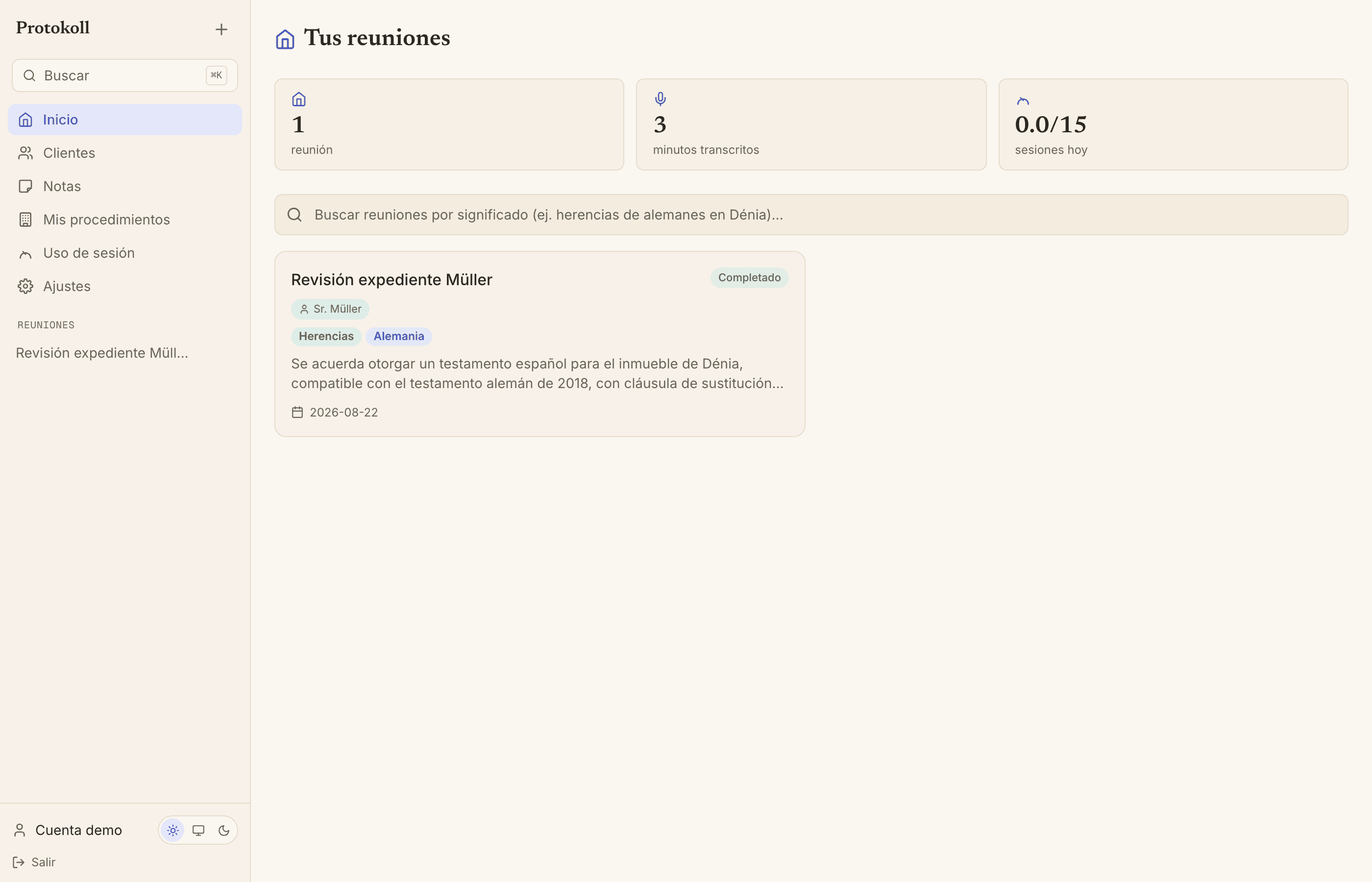 Panel de Protokoll con reuniones, indicadores y búsqueda