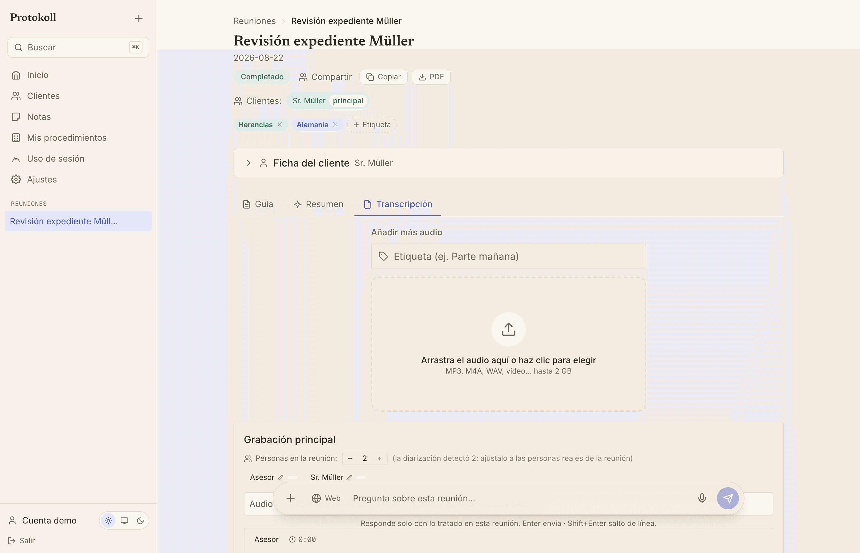 Transcripción con diarización y marcas de tiempo en Protokoll