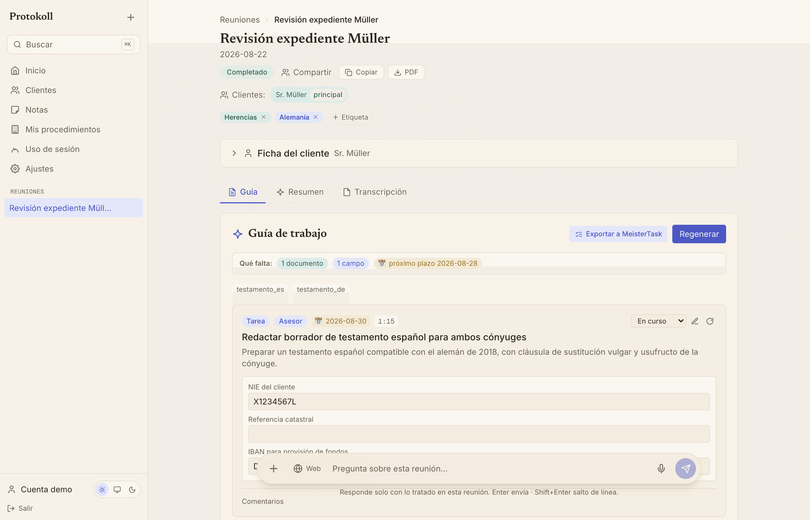 Detalle de una reunión en Protokoll: guía de trabajo con tareas, responsables y plazos